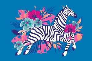 zebra selvagem com fundo de flores tropicais exóticas vetor