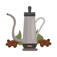 grãos de café e folhas com cafeteira vetor