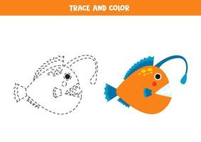 vestígio e cor desenho animado fofa pescador peixe. planilha para crianças. vetor