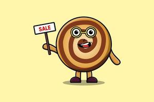 personagem de biscoitos de desenho animado fofo segurando sinal de venda vetor