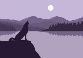 Lobo uivando em a lago às noite, vetor ilustração.