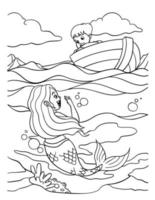 sereia falando uma Garoto dentro a barco coloração página vetor