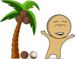 uma Garoto debaixo uma Palma árvore com cocos alegremente elevado dele mãos acima vetor