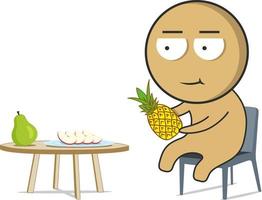 uma Garoto senta com uma abacaxi dentro dele mãos dentro frente do uma mesa com frutas vetor