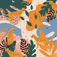 leopardos e ilustração em vetor fundo cartaz de folhas tropicais. padrão de vida selvagem na moda