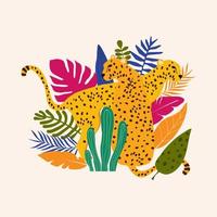 leopardos e ilustração em vetor fundo cartaz de folhas tropicais. padrão de vida selvagem na moda