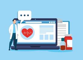 tecnologia online de medicina com laptop e ícones vetor