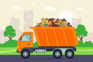 caminhão de lixo laranja vai para o lixão na estrada no contexto da cidade. ilustração vetorial plana.