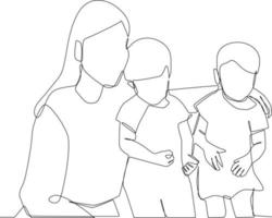 contínuo 1 linha desenhando feliz mãe com gêmeos. família conceito. solteiro linha desenhar Projeto vetor gráfico ilustração.