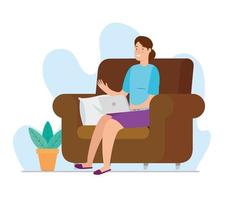 mulher trabalhando em casa com laptop no sofá vetor