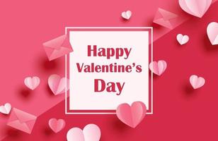 cartões de feliz dia dos namorados com corações de papel em fundo vermelho pastel. vetor