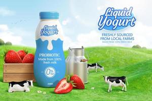 3d líquido iogurte de Anúncios modelo para produtos mostrar. iogurte garrafa brincar em terras agrícolas com uma de madeira caixa do morangos, leite pode e vacas pastar em a Prado.