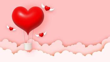 feliz dia dos namorados dia cartão. lindo 3d coração ar balão e papel nuvens em Rosa céu fundo. vetor