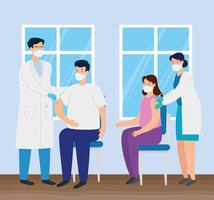 médicos vacinando pessoas no consultório vetor