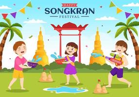 feliz songkran festival dia ilustração com crianças jogando água arma de fogo dentro Tailândia celebração dentro plano desenho animado mão desenhado para aterrissagem página modelos vetor
