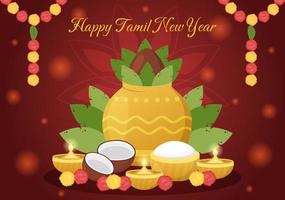 feliz tamil Novo ano ilustração com vishu flores, panelas e indiano hindu festival dentro plano desenho animado mão desenhado para aterrissagem página modelos vetor