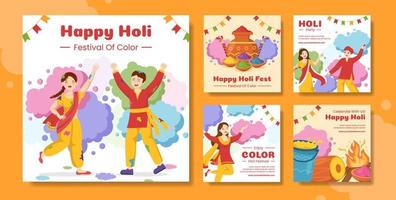 feliz holi festival social meios de comunicação postar plano desenho animado mão desenhado modelos ilustração vetor