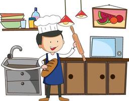 pequeno chef com equipamentos de cozinha em fundo branco vetor