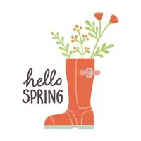 Olá Primavera. fofa chuva chuteiras com flores plantas. mão desenhado Primavera imprimir, cartão, poster. mão escrito texto, letras vetor