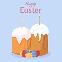 Páscoa ortodoxo padaria bolos com velas e Páscoa colori ovos. feliz Páscoa poster ou cumprimento cartão. plano vetor ilustração