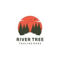 pinheiro perene com riacho do rio e vetor de design de logotipo do pôr do sol