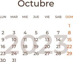 calendário mês Outubro dentro espanhol 2023. vetor
