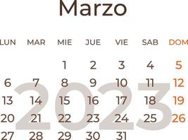 calendário mês marcha dentro espanhol 2023. vetor