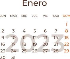 calendário mês janeiro dentro espanhol 2023 ano. vetor