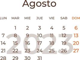 calendário mês agosto dentro espanhol ano 2023. vetor