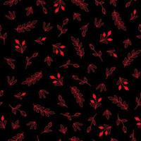 brilhante desatado padronizar com vermelho flores, bagas e folhas em uma Preto fundo vetor