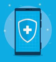 smartphone com escudo médico para tecnologia de telemedicina vetor