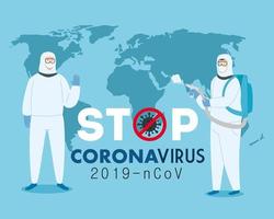 pare a campanha do coronavírus com pessoas em trajes anti-perigosos vetor