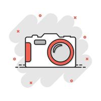 ícone de câmera de foto de desenho vetorial em estilo cômico. fotógrafo cam sinal ilustração pictograma. conceito de efeito de respingo de negócios de câmera. vetor