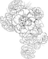 5.epscarnation flor coloração livro mão desenhado botânico Primavera elementos ramalhete do trevo Rosa flor linha arte coloração página vetor esboço artístico, simplicidade rabisco arte