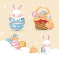uma conjunto do fofa Páscoa ilustrações com ovos, lebres, cestos, ninhos e filhotes vetor