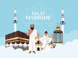 celebração do hajj mabrur com pessoas e mesquita nas nuvens vetor