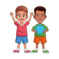 meninos interraciais felizes com personagens de avatares de peças de quebra-cabeça vetor