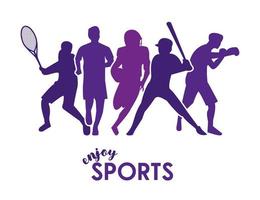 pôster de esportes com silhuetas roxas de atletas