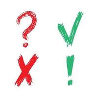 cheque desenhado à mão, cruz, ponto de interrogação e símbolos de exclamação. conjunto de quatro símbolos de esboço verdes e vermelhos. ilustração vetorial vetor