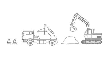 mão desenhado grampo arte cor crianças conjunto do construção mini escavadora, despejo caminhão, e tráfego cones vetor