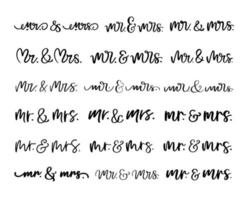 mão letras Sr e Sra Casamento noiva noivo casal amor coração tipografia palavras conjunto caligrafia cumprimento cartão convite fundo vetor