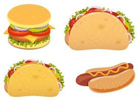 Conjunto realista de hambúrguer, burrito e sanduíche de cachorro-quente vetor