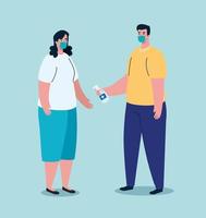 casal usando máscaras médicas e usando desinfetante para as mãos contra o coronavírus com vetor