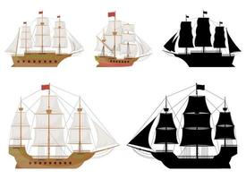 Ilustração em vetor navio vintage de madeira conjunto isolado no fundo branco