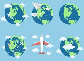 avião voando ao redor do mundo conjunto de ilustração vetorial isolado em fundo azul