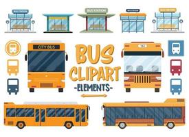 conjunto de clipart de viagens de ônibus. cidade, ônibus, ônibus, viagem, estação, apartamento, turismo, conjunto de transporte. vetor