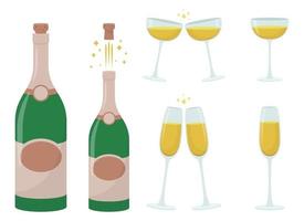 garrafa de champanhe e ilustração vetorial de vidro conjunto isolado no fundo branco vetor