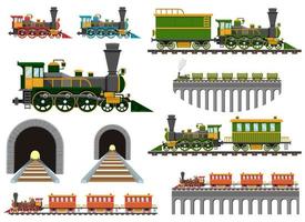 trem vintage na ilustração de desenho vetorial ferrovia conjunto isolado no fundo branco