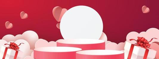 3d fundo de produto vermelho pódio para valentine.pink e coração amor romance conceito design ilustração vetorial ilustração decoração banner vetor