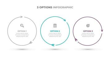 desenho de círculo com setas processos de linha fina com ícones e 3 opções ou etapas. modelo de negócios de vetor. vetor